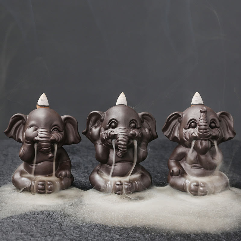 Cute Elephant Incense Burner – Trio of meditating elephants, smoke flows down like mist, ceramic