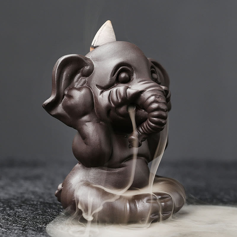 Cute Elephant Incense Burner – Smoke waterfall from trunk and ears, glossy brown finish