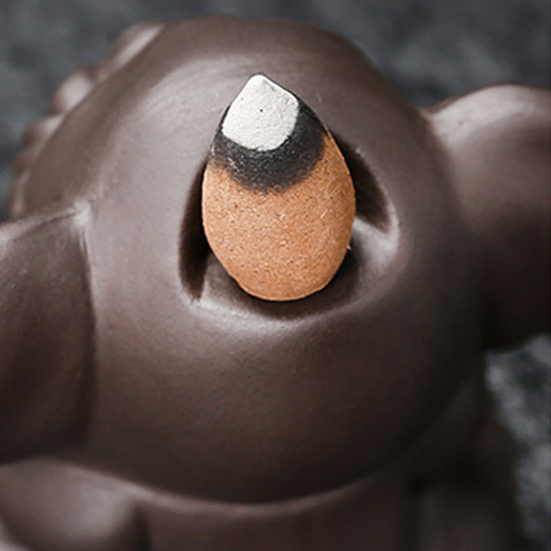 Cute Elephant Incense Burner – Close-up face with thin smoke from mouth, cone on crown