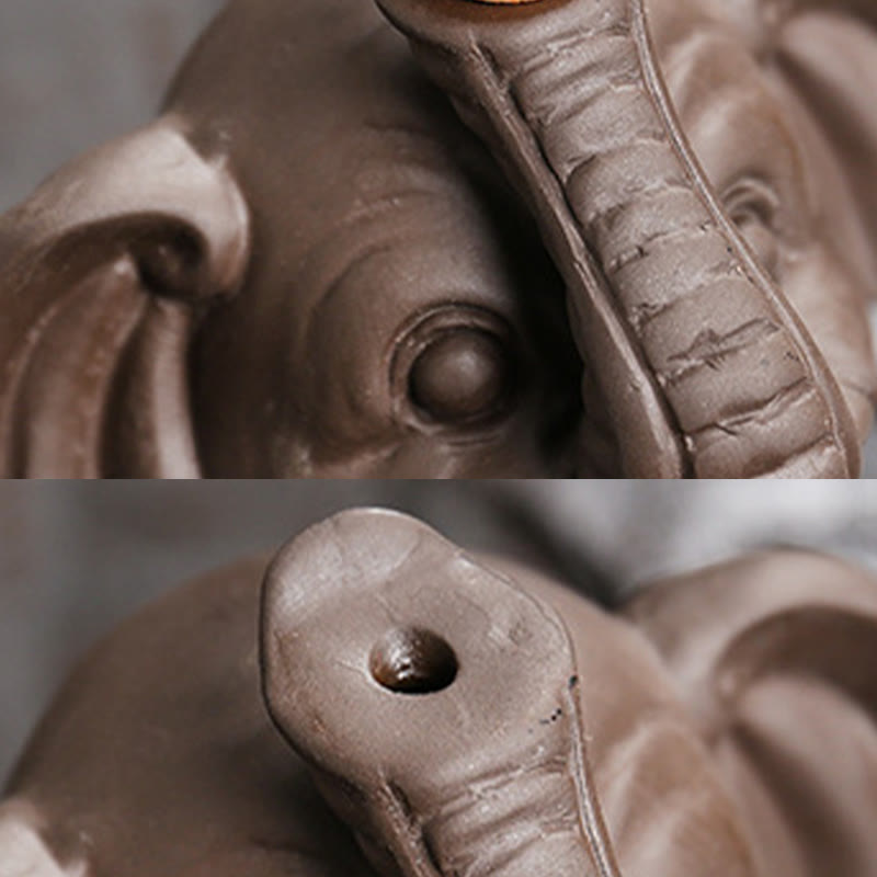 Elephant Backflow Incense Burner - Two-panel composite showing face detail and trunk hole, purple clay censer