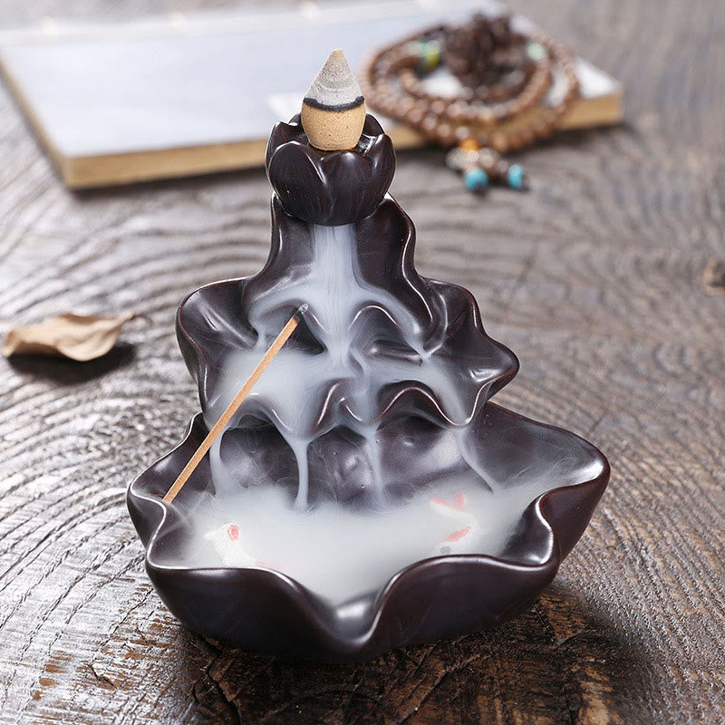 Lotus Leaf Koi Fish Incense Burner – dark brown lotus with koi in smoke, mala beads, zen decor