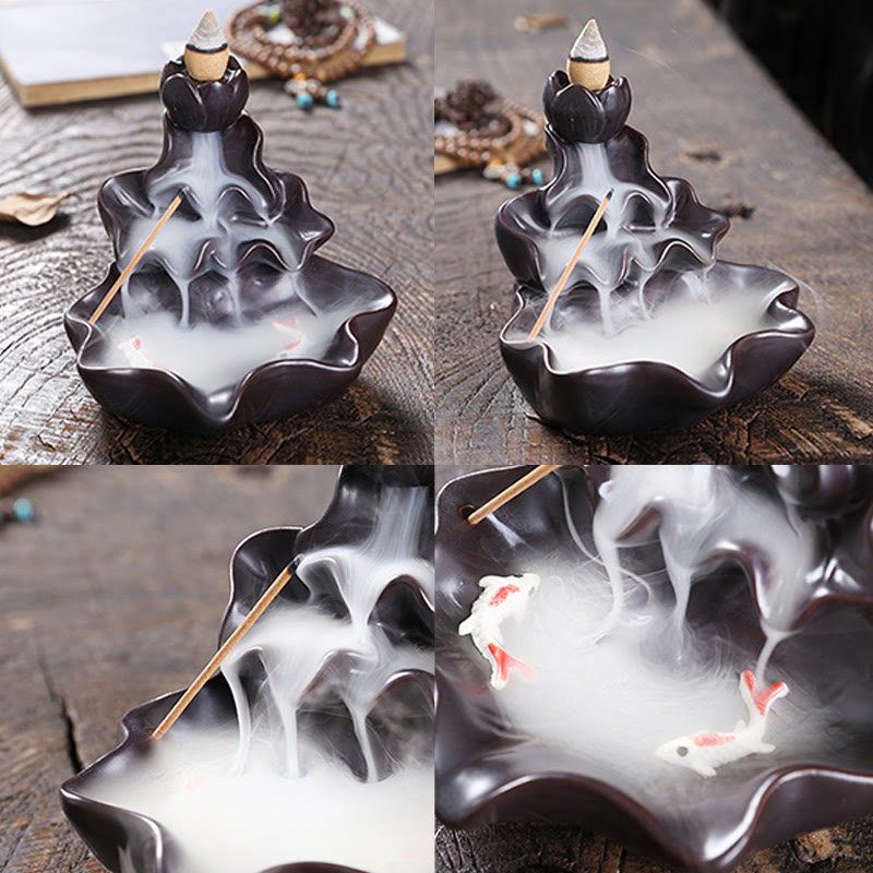 Lotus Leaf Koi Fish Incense Burner – four-angle composite, koi in smoke, rustic wood, multi-view