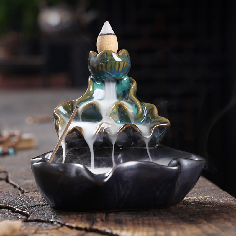 Lotus Leaf Koi Fish Incense Burner – teal three-tier lotus, smoke waterfall, dark moody zen