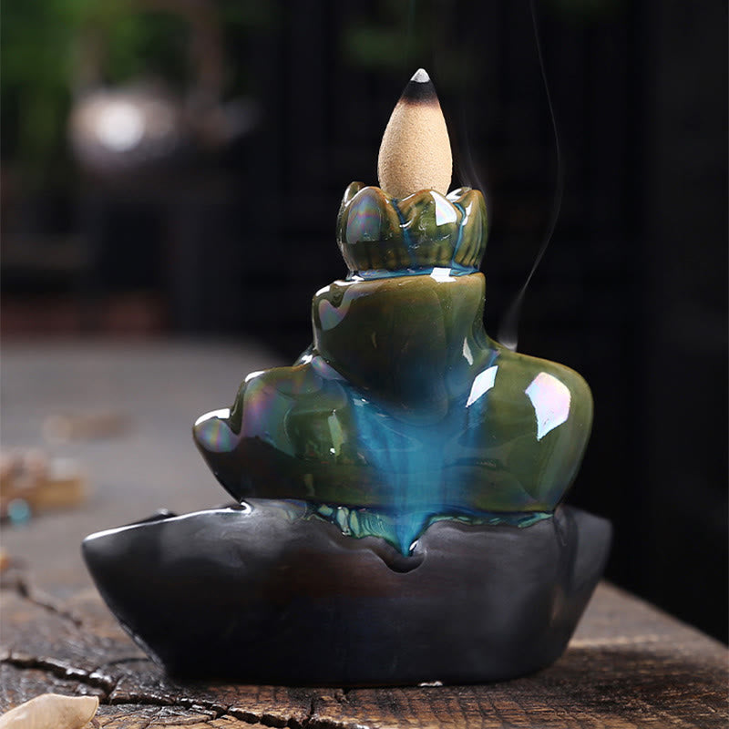 Lotus Leaf Koi Fish Incense Burner – koi sculpture in iridescent teal, blue smoke cascade, luck decor