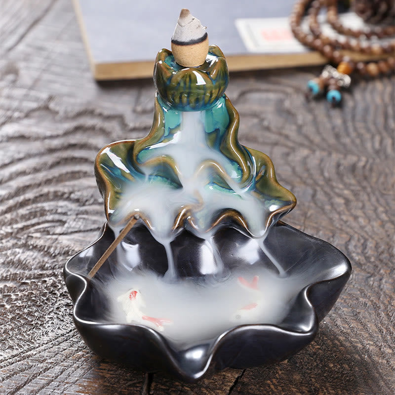 Lotus Leaf Koi Fish Incense Burner – turquoise lotus with bronze edges, koi in smoke pool, feng shui