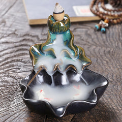 Lotus Leaf Koi Fish Incense Burner – turquoise lotus with bronze edges, koi in smoke pool, feng shui