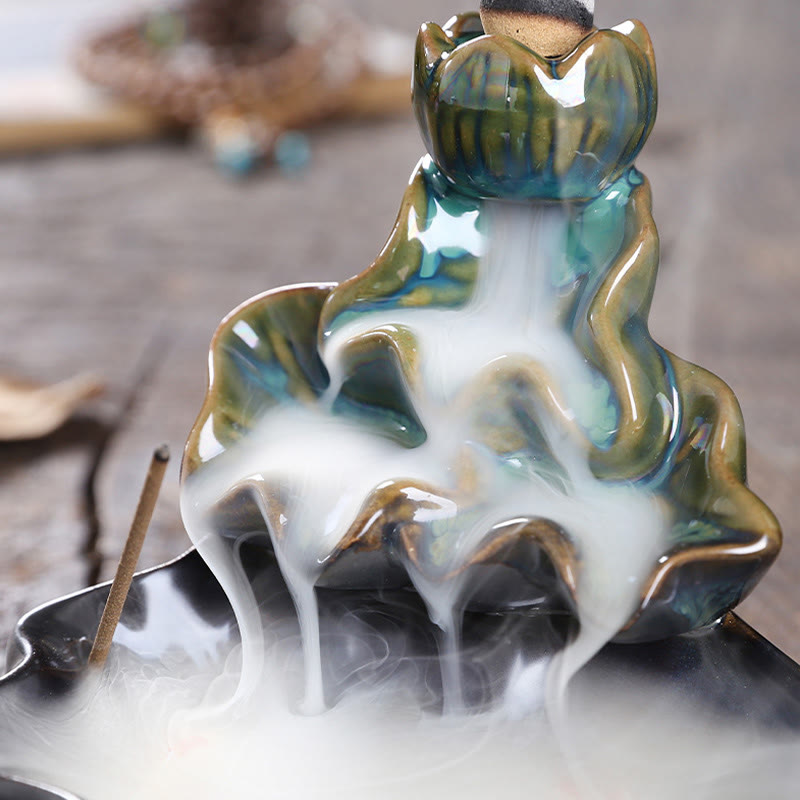 Lotus Leaf Koi Fish Incense Burner – green-blue reactive glaze, dense smoke over leaves, backflow