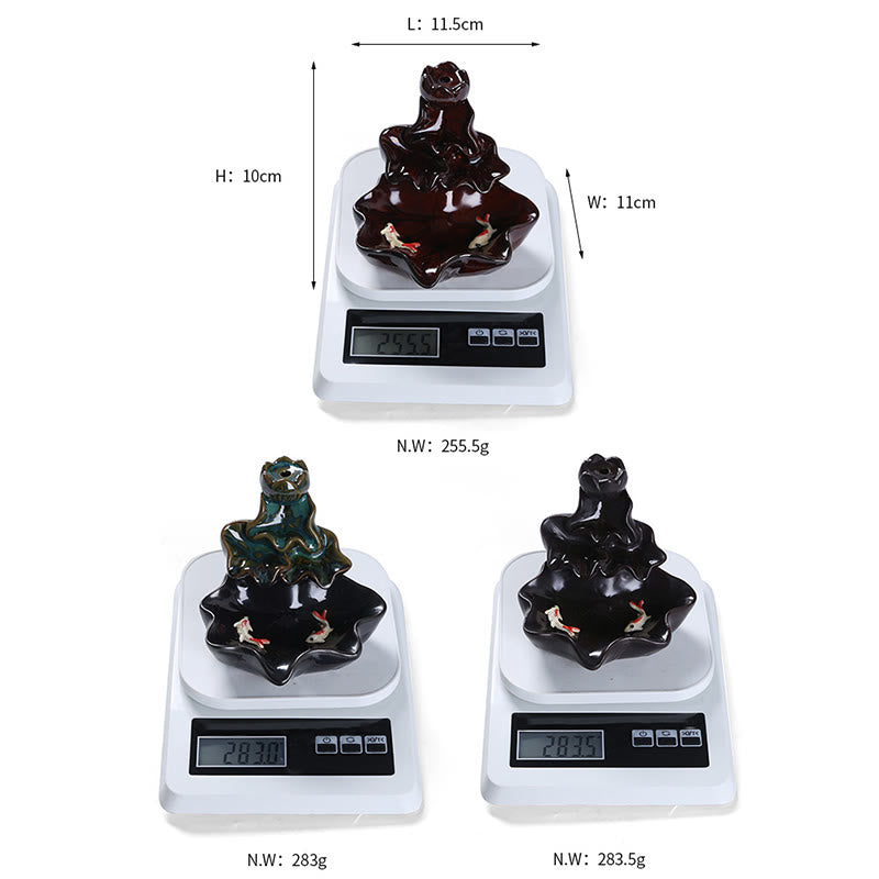 Lotus Leaf Koi Fish Incense Burner – three color variants with weights and dimensions on white, specs