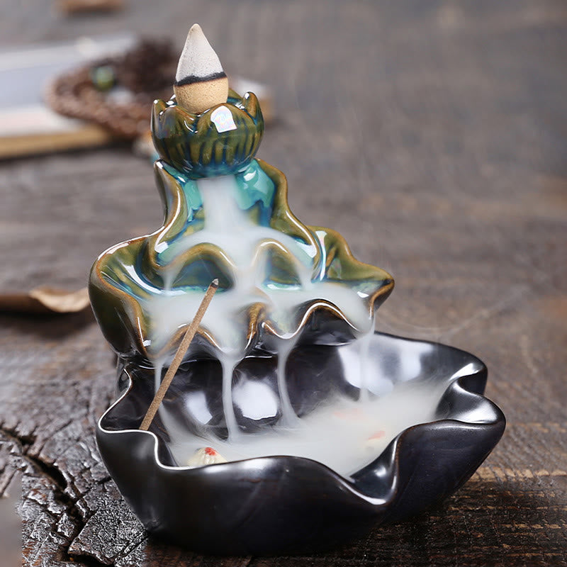 Lotus Leaf Koi Fish Incense Burner – teal black three-tier lotus, smoke waterfall, zen decor