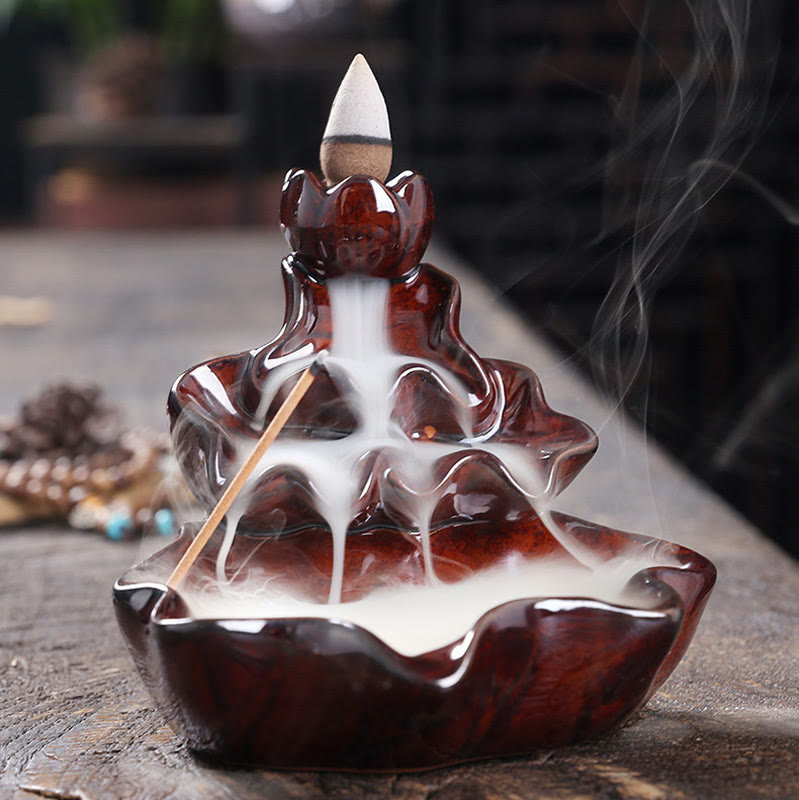 Lotus Leaf Koi Fish Incense Burner – mahogany three-tier lotus, smoke cascade, diagonal stick, zen