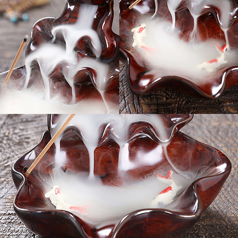 Lotus Leaf Koi Fish Incense Burner – three-panel composite, koi in smoke, dark wood, multi-angle decor