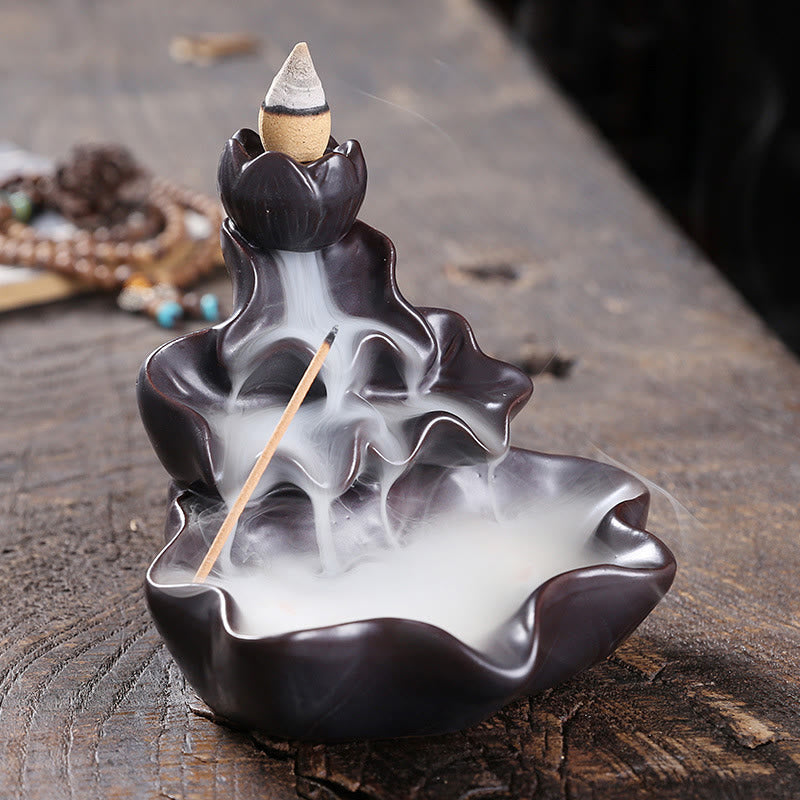 Lotus Leaf Koi Fish Incense Burner – chocolate brown lotus bud, smoke cascade, mala beads, decor
