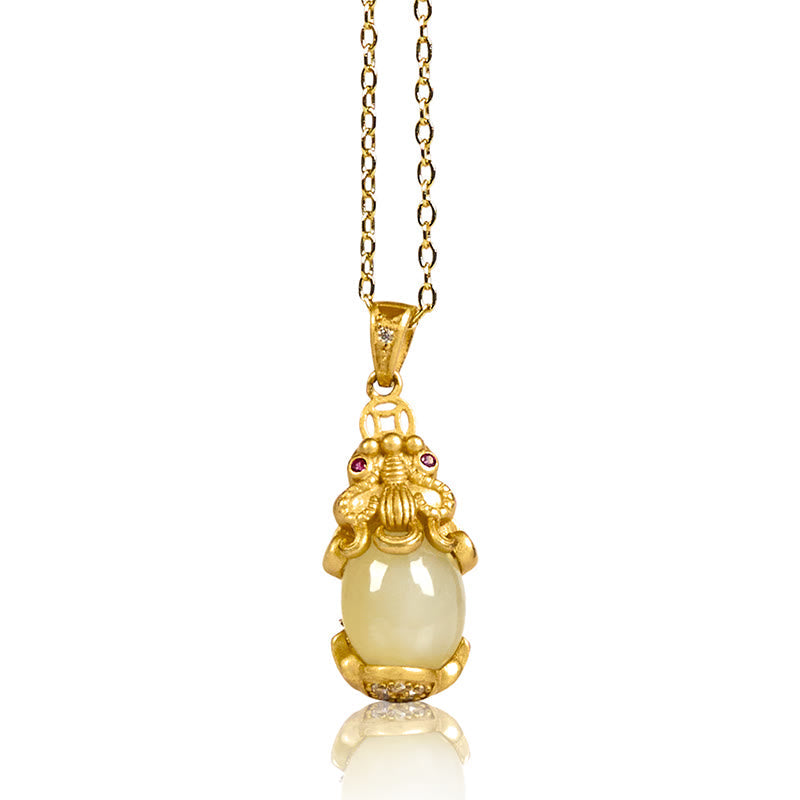 White Jade Pixiu Wealth Luck Pendant Necklace – front close-up of white jade cabochon with gold Pixiu frame on white background, luxury necklace