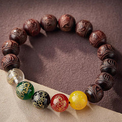 Five Directions Wealth Bracelet - Sandalwood bracelet with five guardian deity beads on dual-tone fabric, artisan craft