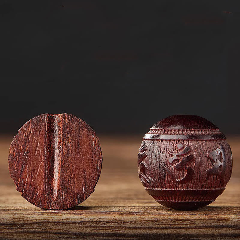 Five Directions Wealth Bracelet - Side and front view of carved sandalwood beads on rustic wood, craftsmanship detail