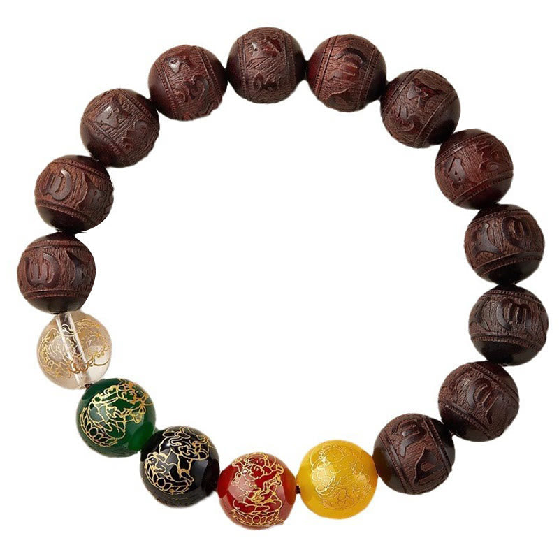 Five Directions Wealth Bracelet - White background product shot of sandalwood bracelet with gold-inlaid five-element beads