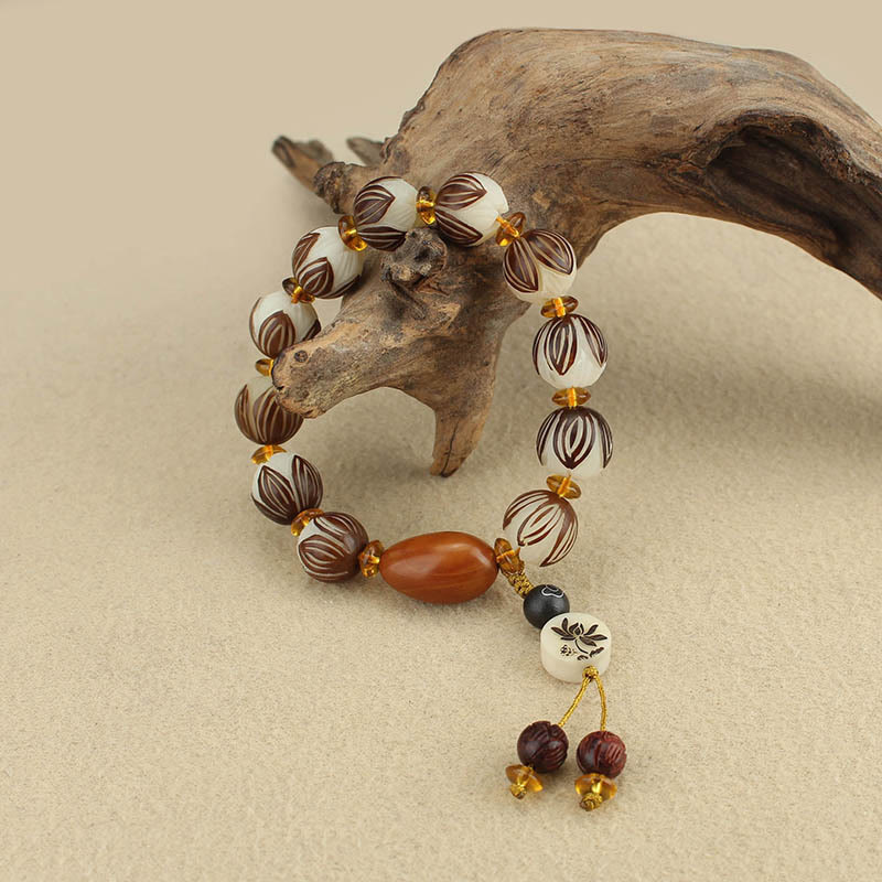 Tibetan Mala Bodhi Seed Lotus Bracelet - on driftwood, full loop with lotus charm tassel