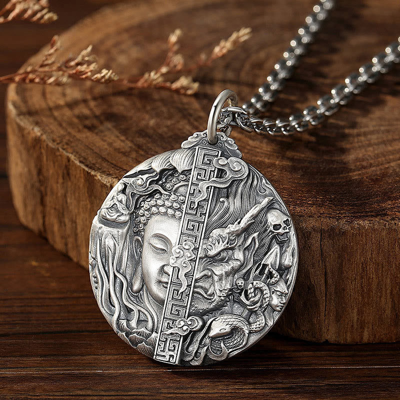 Copper Buddha Demon Pattern Necklace – Buddha serene face macro, peaceful expression art