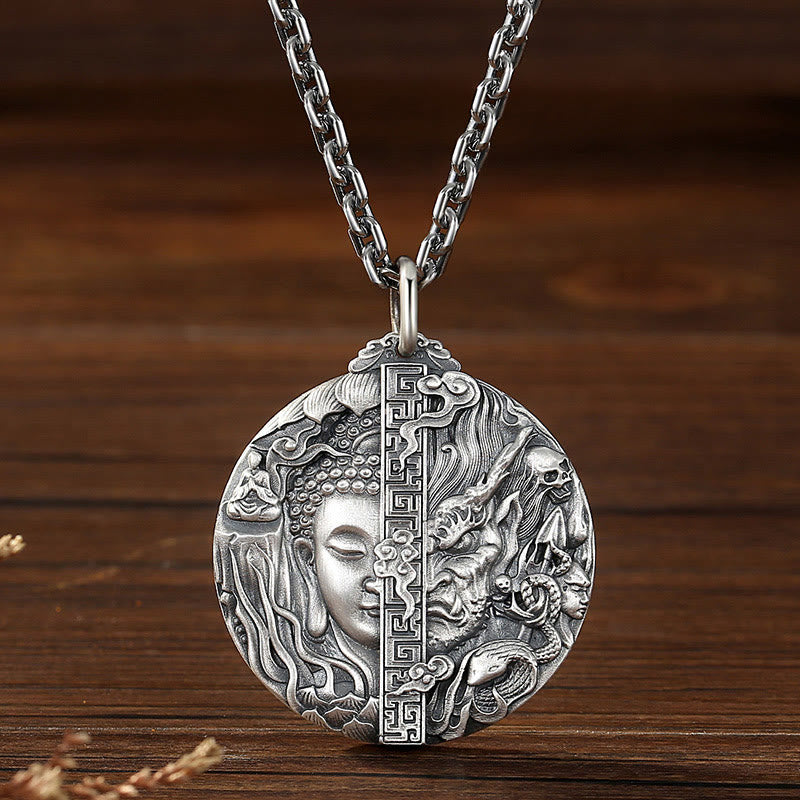 Copper Buddha Demon Pattern Necklace – model neckline close-up, spiritual daily wear