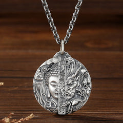 Copper Buddha Demon Pattern Necklace – model neckline close-up, spiritual daily wear