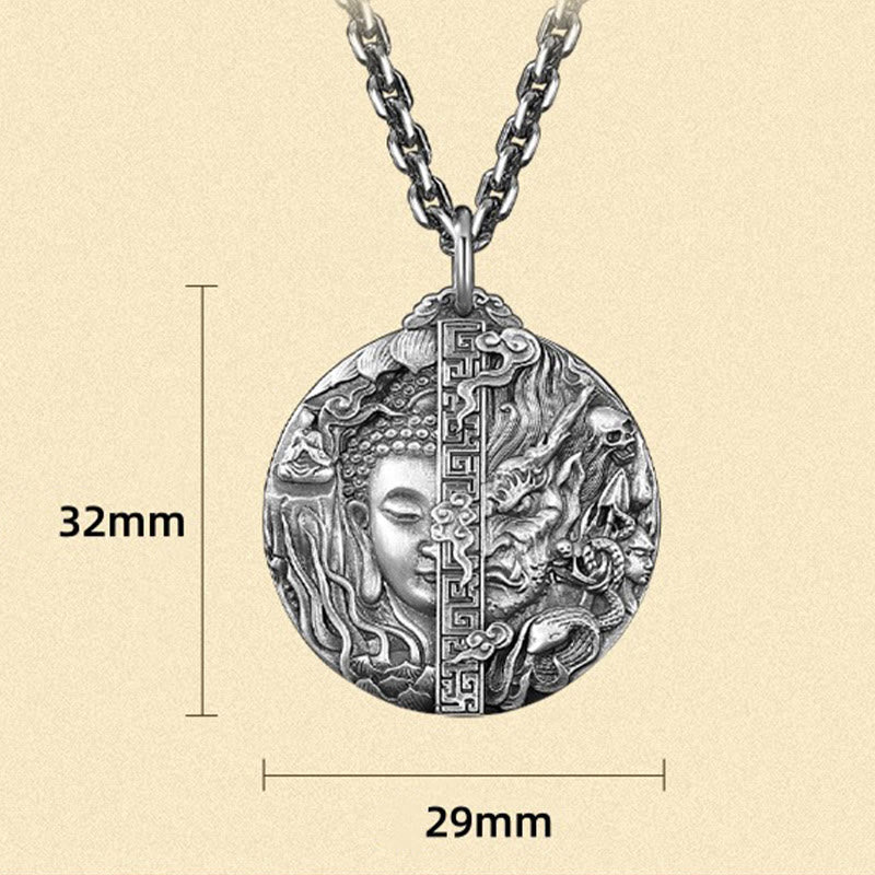 Copper Buddha Demon Pattern Necklace – flat lay with dried flowers, boho spiritual style