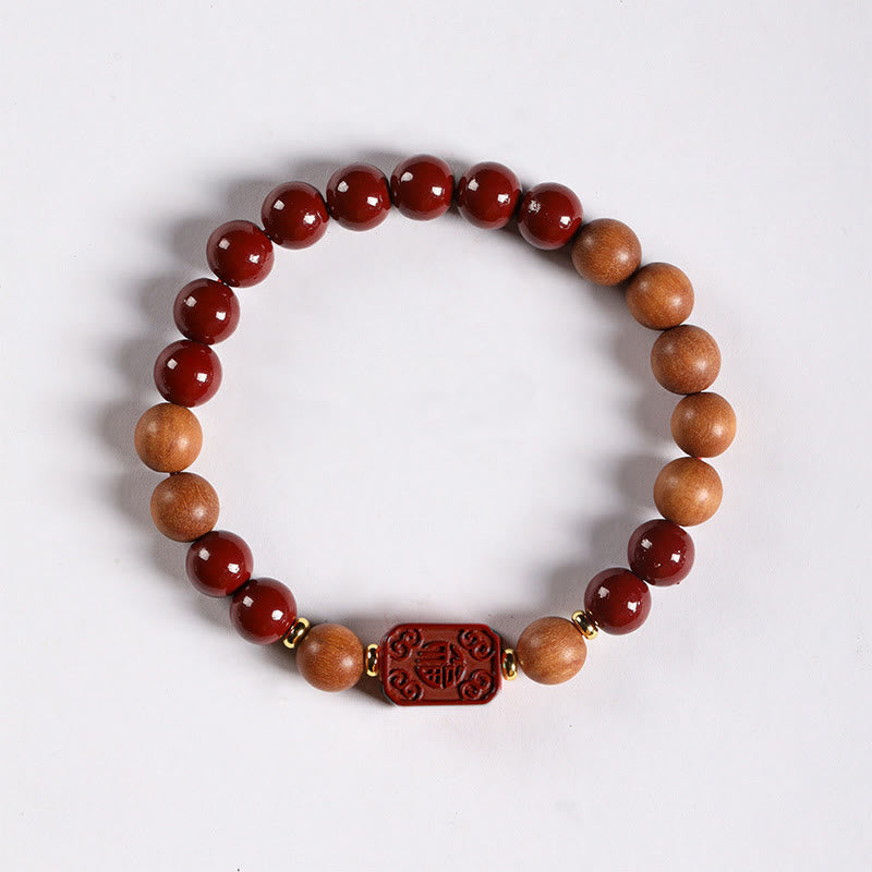 Cinnabar Wood Lotus Fu Bracelet - top-down, red cinnabar and wood beads, traditional
