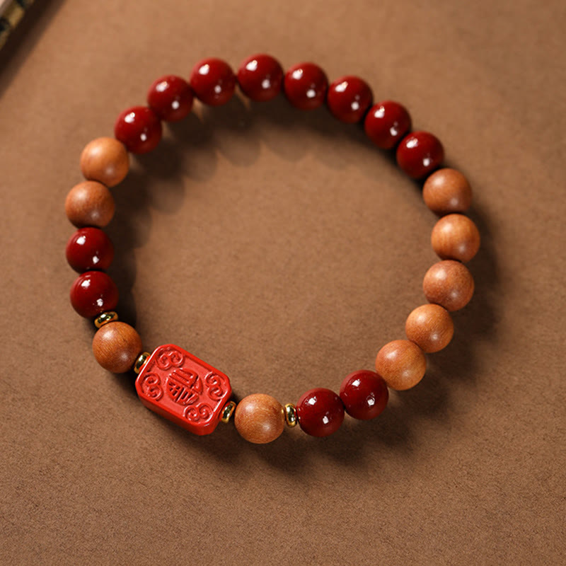 Cinnabar Wood Lotus Fu Bracelet - overhead circle, Fu character charm center, auspicious
