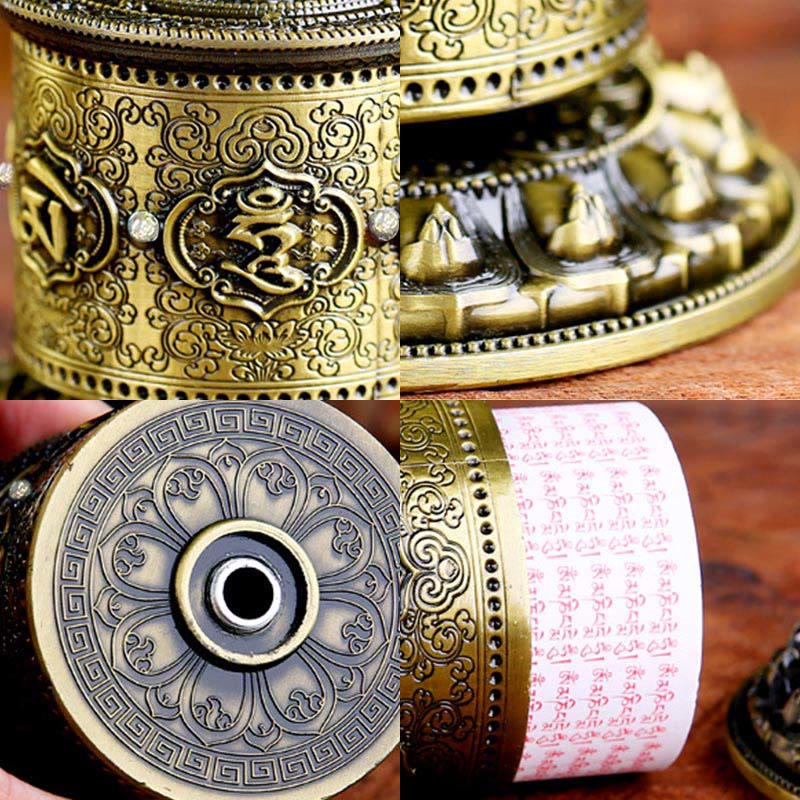 Lotus Prayer Wheel - Four-panel detail view of base, mandala and scroll, intricate art piece