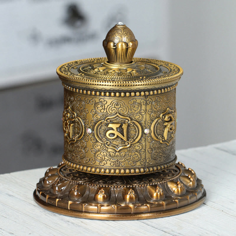 Lotus Prayer Wheel - Gemstone-accented bronze wheel with colorful mantra medallions, home decor