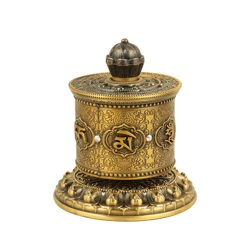 Lotus Prayer Wheel - Three-quarter view of golden wheel with stone-inlaid mantra panels, altar piece