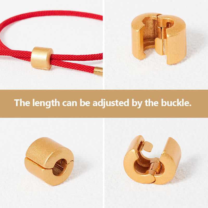 Adjustable red string bracelet with matte gold barrel buckle, four-panel detail showing sliding clasp mechanism in open and closed positions