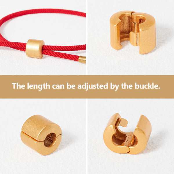 Adjustable red string bracelet with matte gold barrel buckle, four-panel detail showing sliding clasp mechanism in open and closed positions