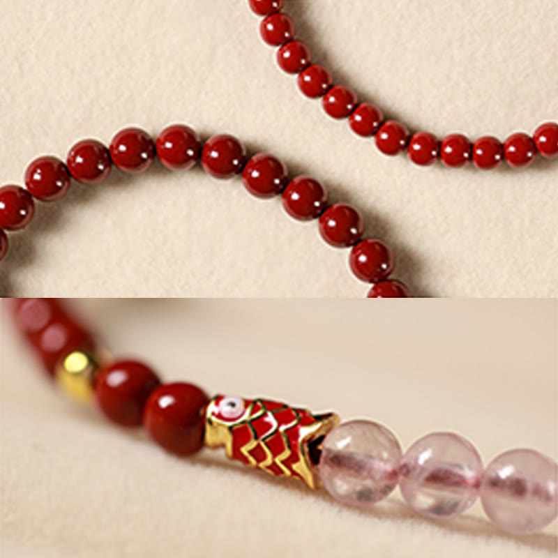 Cinnabar Strawberry Quartz Koi Fish Bracelet – two-panel, bead strand and koi charm close-up