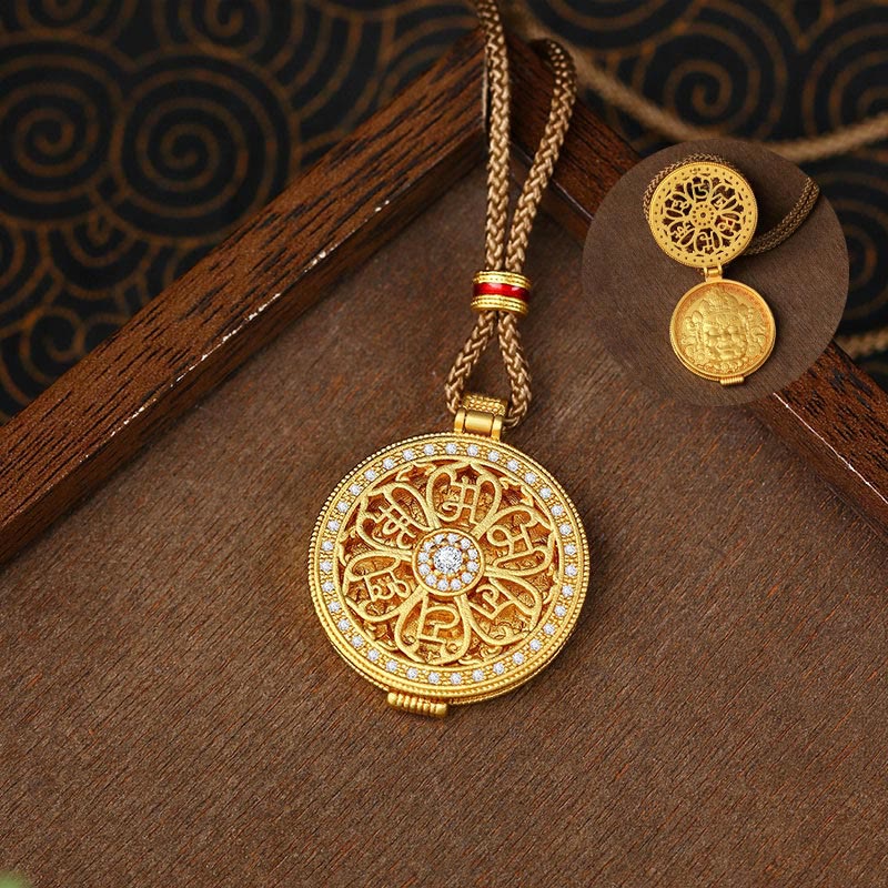 Om Mani Padme Hum Pendant – Open locket revealing interior Buddha deity beside mantra face, Tibetan prayer box