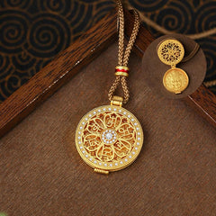 Om Mani Padme Hum Pendant – Open locket revealing interior Buddha deity beside mantra face, Tibetan prayer box