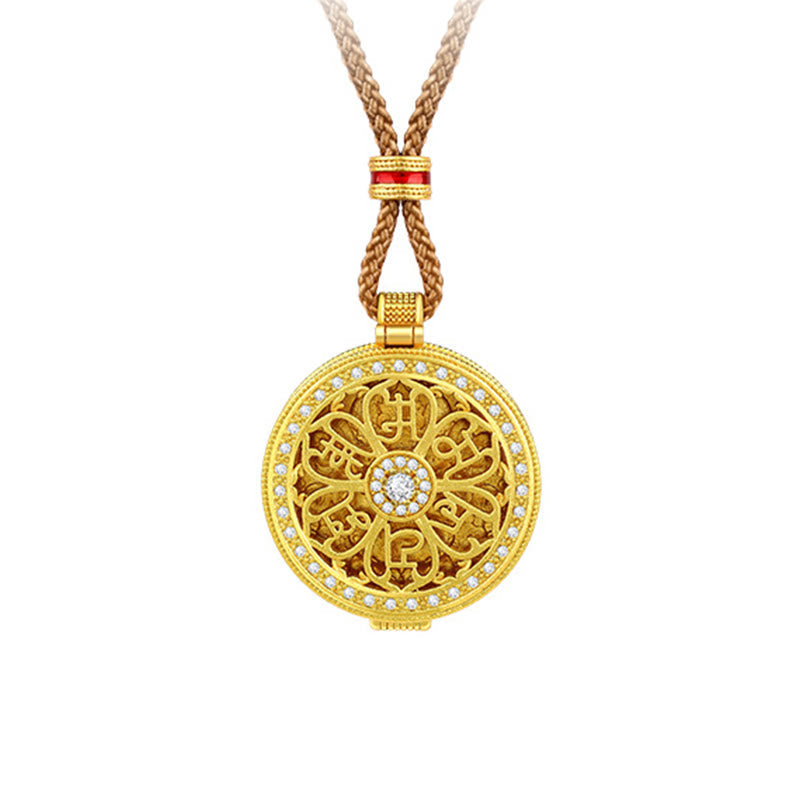 Om Mani Padme Hum Pendant – Symmetrical front view with central stone cluster and beaded gold border, white background
