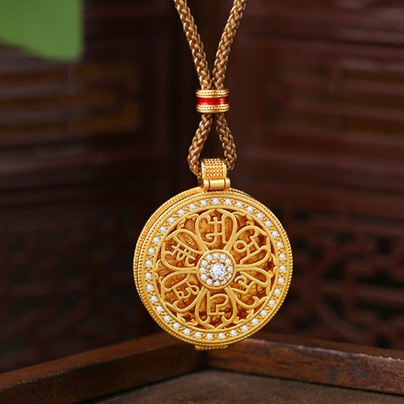 Om Mani Padme Hum Pendant – Frontal close-up with Tibetan mantra engraving and pave gemstone halo, Buddhist necklace