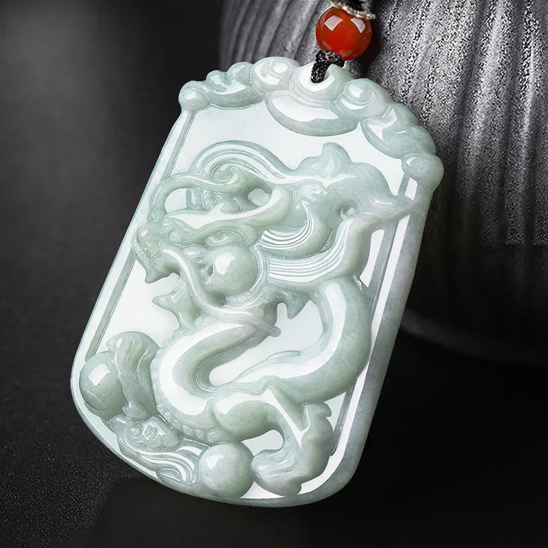 Natural Jade Zodiac Amulet Pendant – Carved dragon relief on pale celadon jade with carnelian bead, Powerful