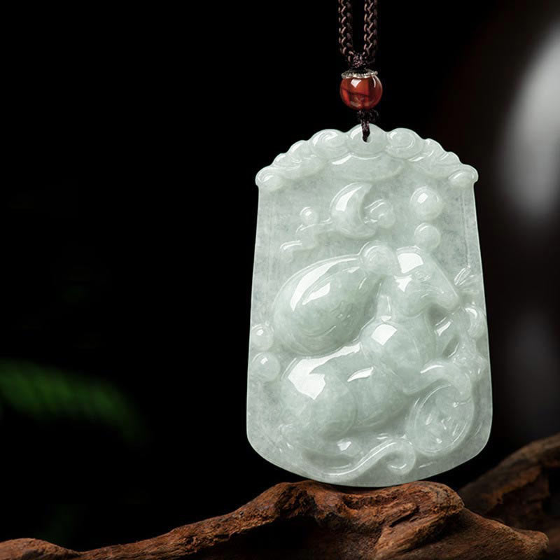 Natural Jade Zodiac Amulet Pendant – Rat zodiac carving jade pendant on driftwood with carnelian, Prosperous