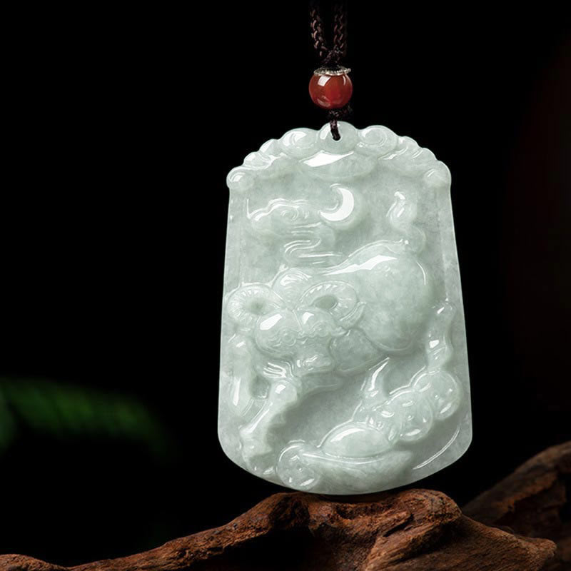 Natural Jade Zodiac Amulet Pendant – Qilin mythical beast relief jade plaque red bead cord, Protective