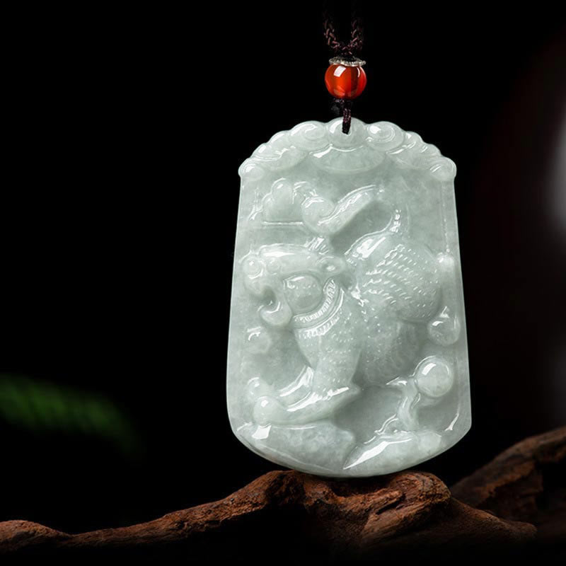 Natural Jade Zodiac Amulet Pendant – Qilin beast jade pendant on driftwood black bokeh green, Auspicious