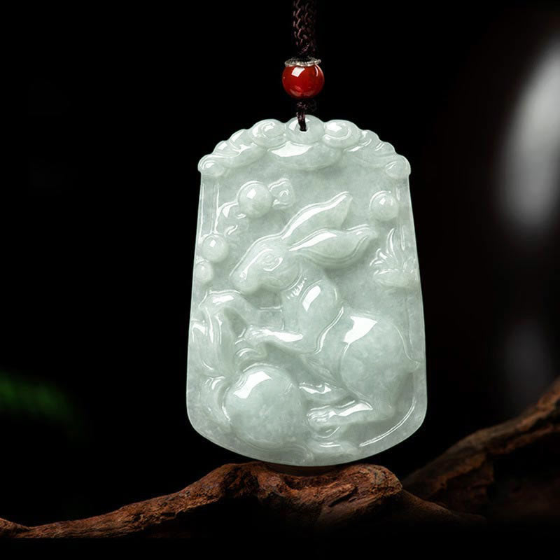 Natural Jade Zodiac Amulet Pendant – Rabbit zodiac jade carving moon elements carnelian bead, Serene