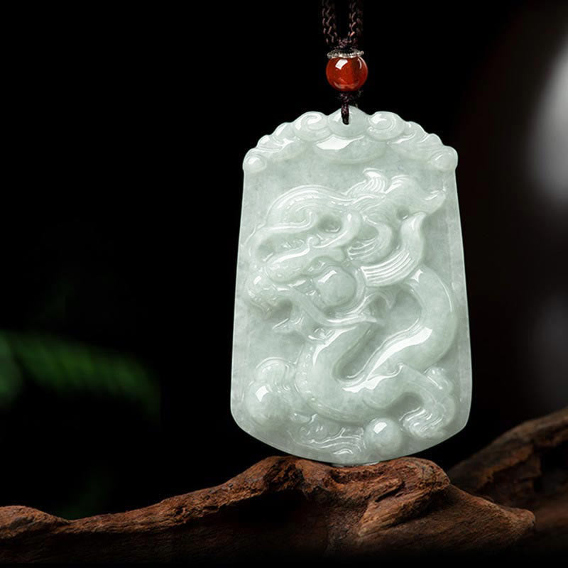 Natural Jade Zodiac Amulet Pendant – Dragon relief carved jade pendant on driftwood red accent, Majestic