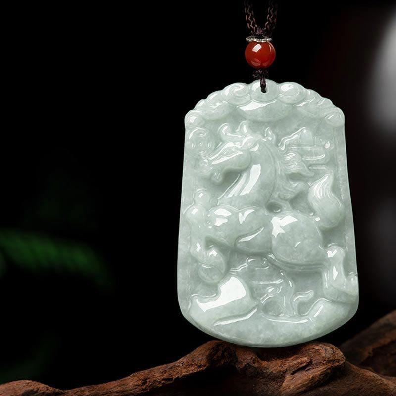 Natural Jade Zodiac Amulet Pendant – Horse galloping relief carved jade pendant brown cord detail, Vital