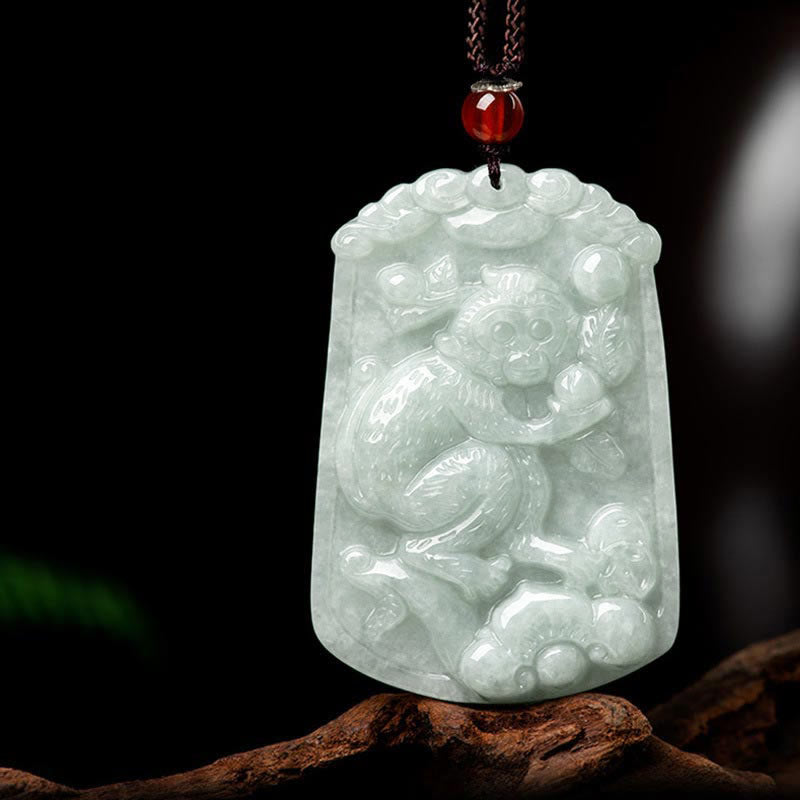 Natural Jade Zodiac Amulet Pendant – Rooster zodiac jade relief carved feather detail on wood, Auspicious