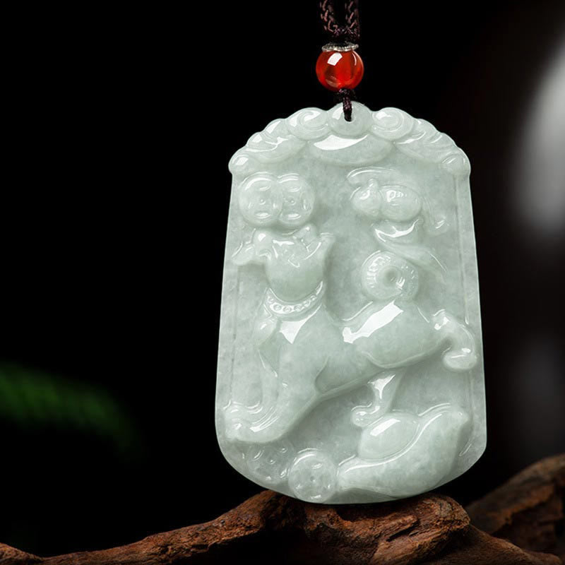Natural Jade Zodiac Amulet Pendant – Qilin guardian beast jade with lingzhi mushrooms on root wood, Prosperous