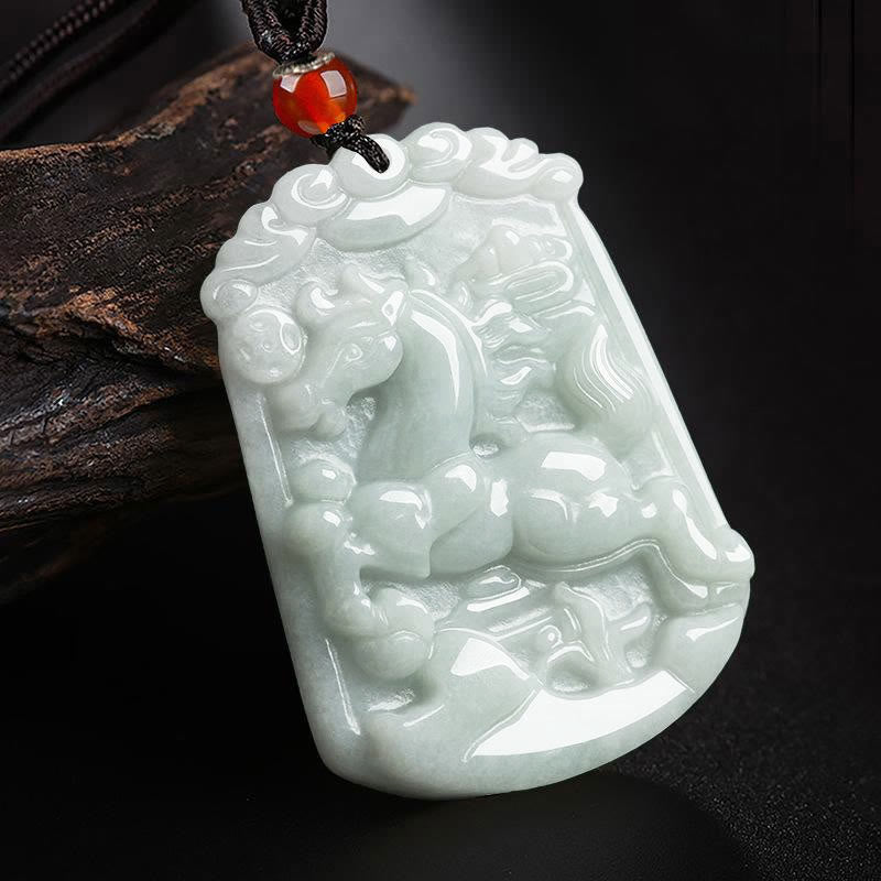 Natural Jade Zodiac Amulet Pendant – Horse zodiac carving on pale jade with dark cord red bead, Success