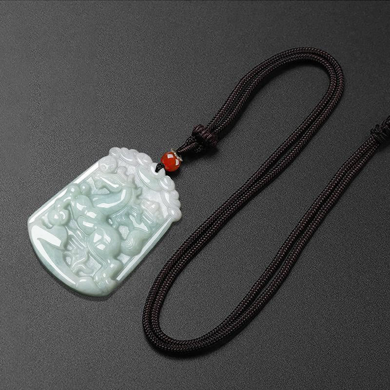 Natural Jade Zodiac Amulet Pendant – Qilin beast jade on weathered wood green bokeh three-quarter, Fortunate