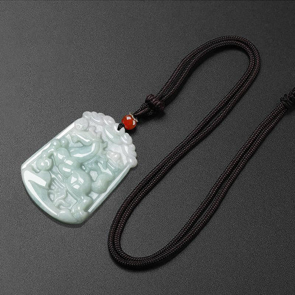 Natural Jade Zodiac Amulet Pendant – Qilin beast jade on weathered wood green bokeh three-quarter, Fortunate