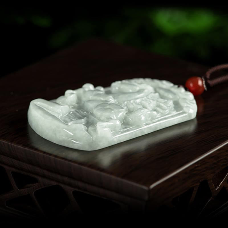 Natural Jade Zodiac Amulet Pendant – Landscape scene jade plaque on dark wood stand bokeh green, Peaceful